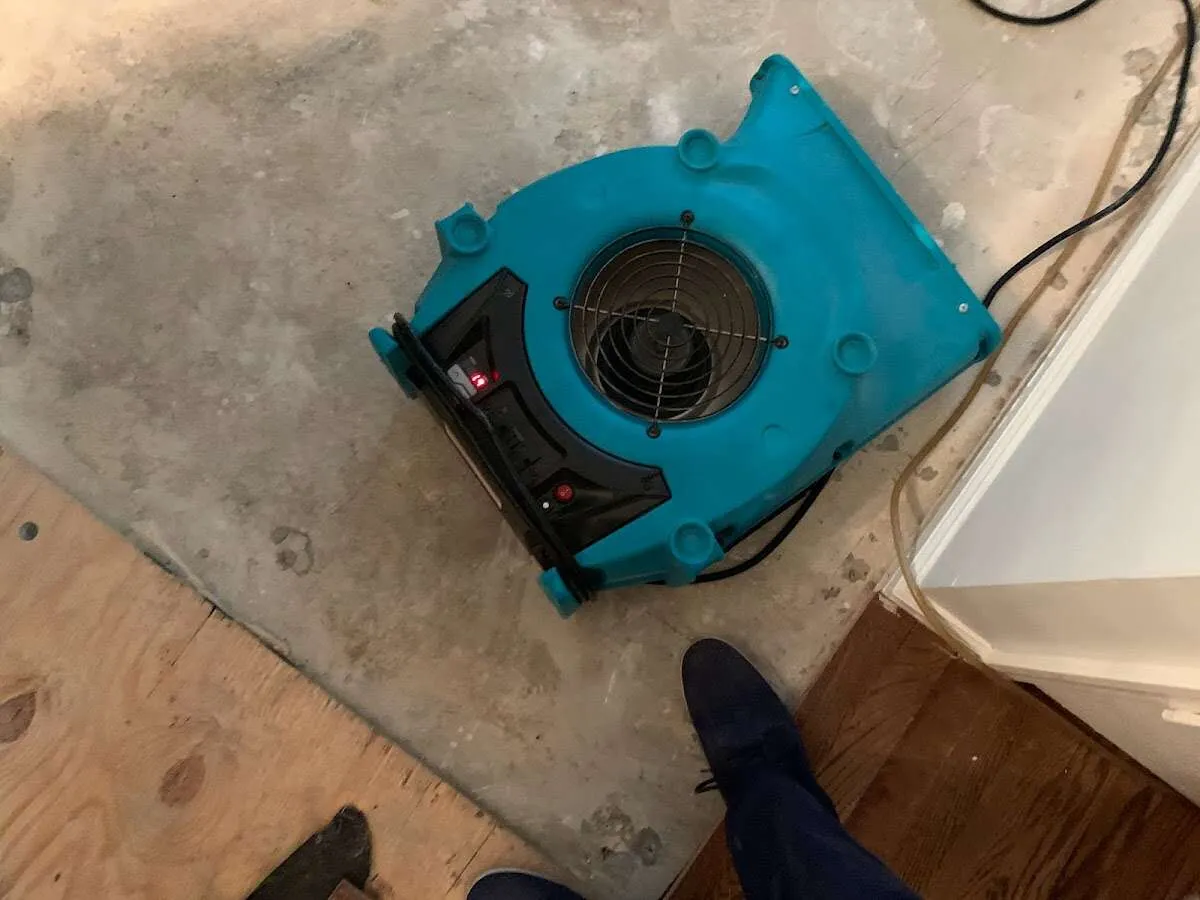 Air mover drying subfloor during Commercial Water Damage Restoration in Daly City